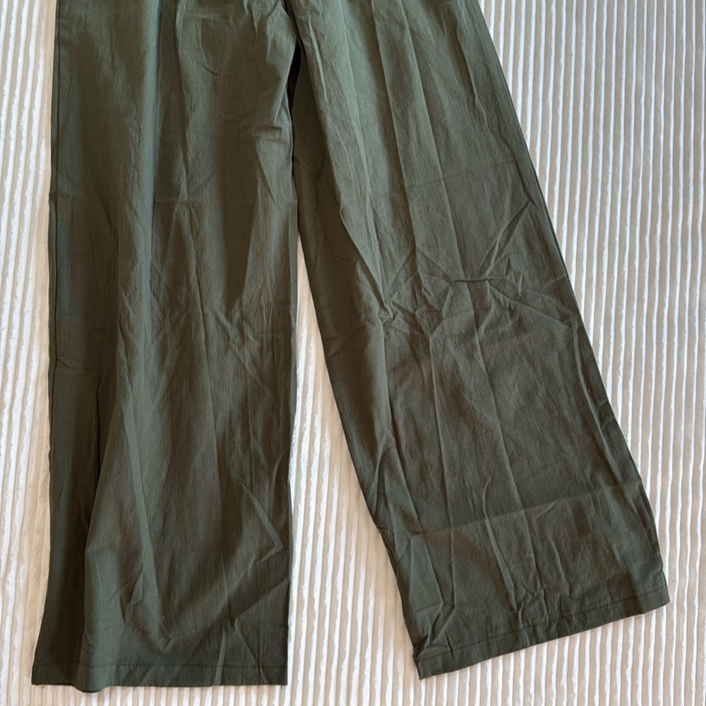 Women's Green Wide-Leg Pants Pull On Elastic Waistband Pockets Linen Polyester M - Picture 7 of 12